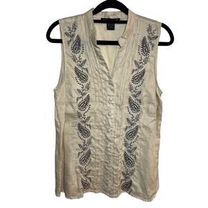 100% Linen Sleeveless Tank Vest Beige Medium Lightweight Summer Boho Embroidered